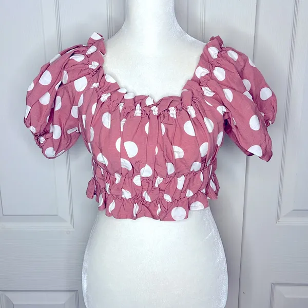 Zara Smocked Polka Dot Linen Crop Top Off-Shoulder Size Small - Image 3