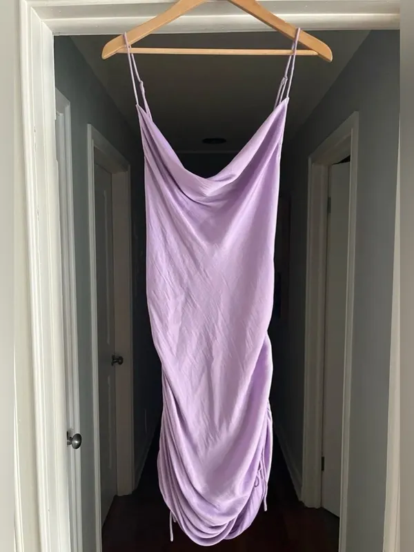 Intimately Free People Lilac Satin Ruched Cowl Neck Mini Dress S - Image 2