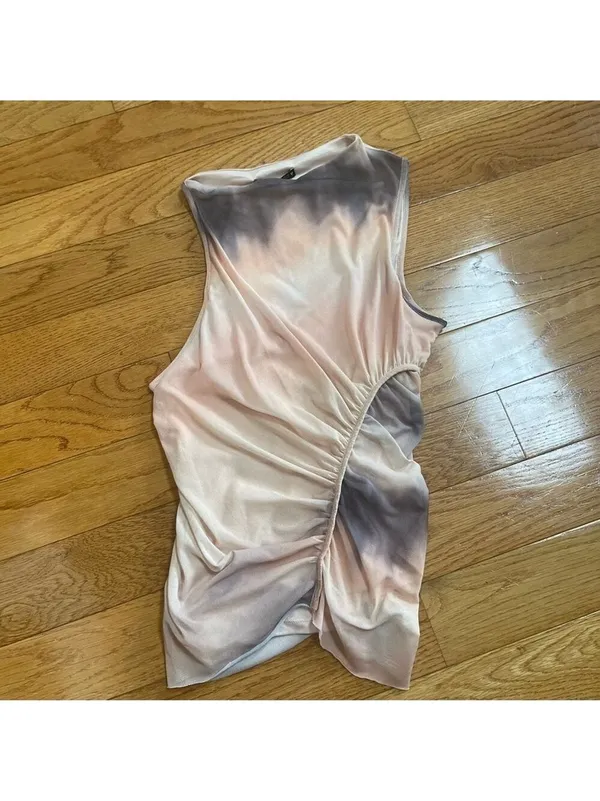 ZARA Women Sleeveless Asymmetrical Ruched Mesh Top Size S Peach/Black Dyed M - Image 8