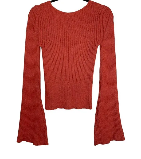 Free People Viola Rust Knit Sweater Top Studded Bell Sleeves Boho - Image 4