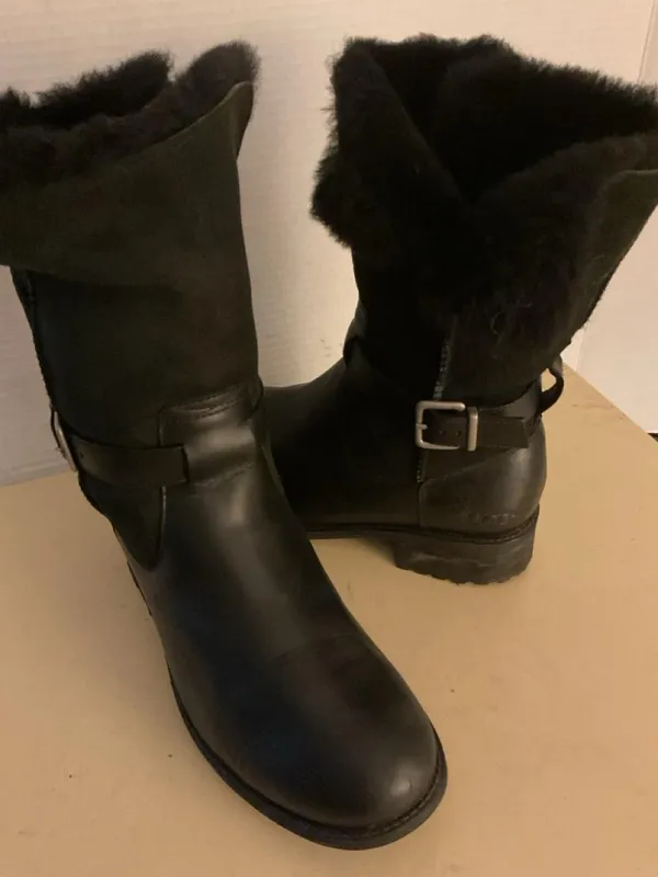 UGG women Black Leather suede & Shearling biker Pernille boots US 8.5 - Image 2