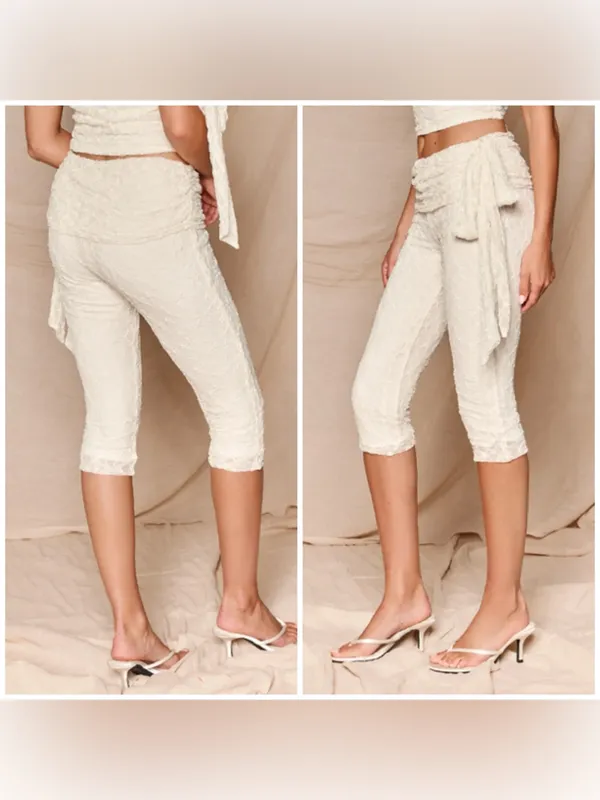 PrettyLittleThing Cream Lace Tie Knot Capri Pants Size 12 Large NWT Stretch - Image 3