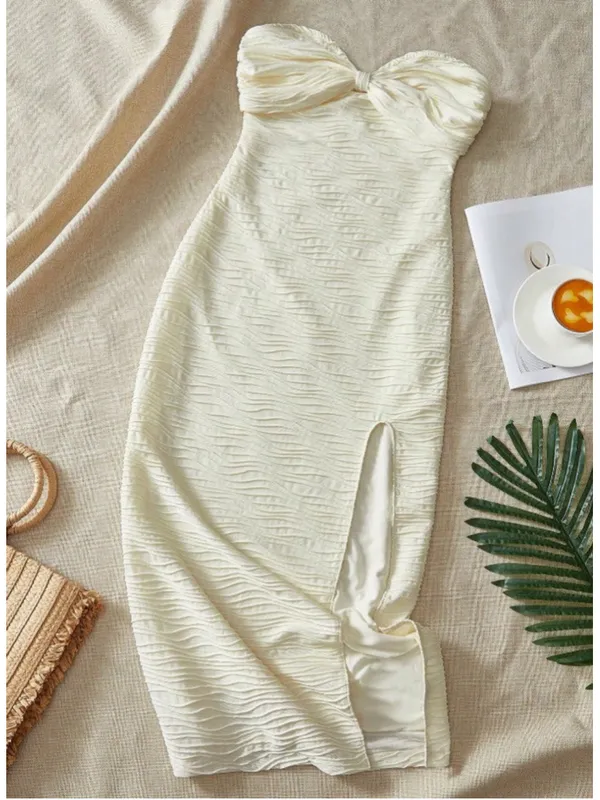 Women's Strapless Midi Dress, Size XS, White wave texture pattern - Image 2