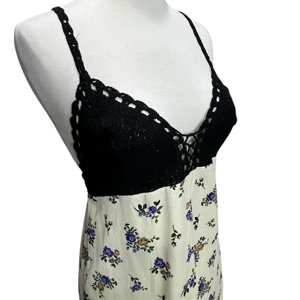 Zara Crochet Satin Maxi Slip Dress Black Cream‎ Lavender Floral Boho Festival S - Image 5