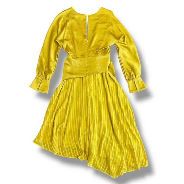 Chartreuse Pleated Wrap Dress Long Sleeve Asym Hem Midi Yellow Women‎ - Image 7