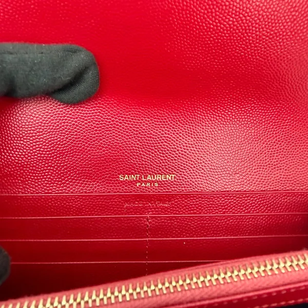 Yves Saint Laurent YSL Monogram Chevron Leather Clutch Crossbody Wallet with Chain Red - Image 4