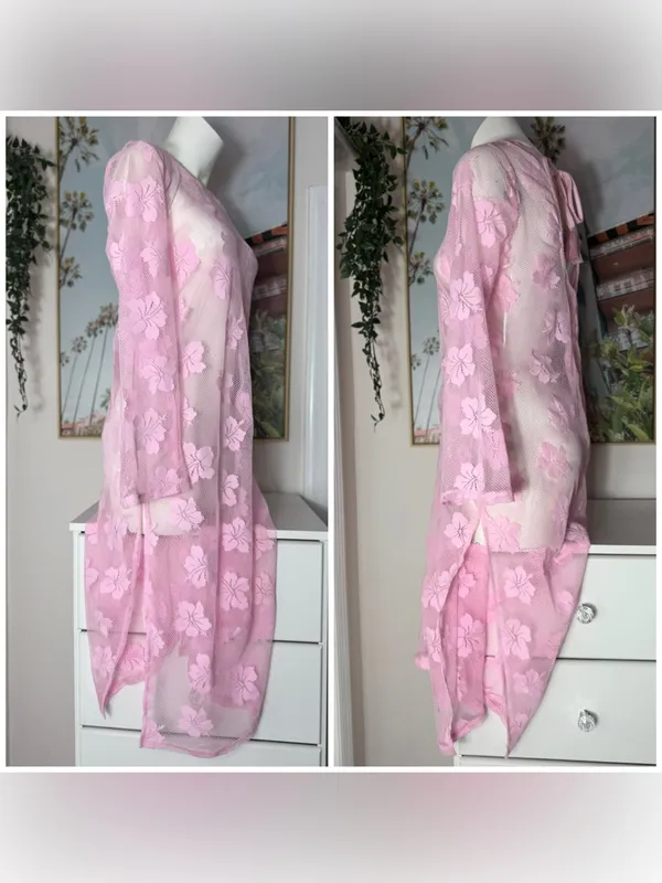 Women's Pink Floral Lace Fishnet Mesh Sheer Long Sleeve Midi Dress Cover Up M/L - Image 5