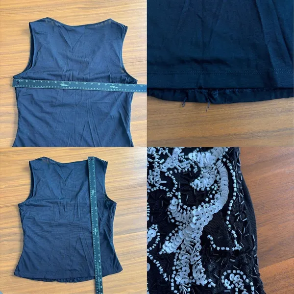 90s Vintage Cache Top Large Black White Beaded Sequin Floral Y2K Glam Whimsygoth - Image 6