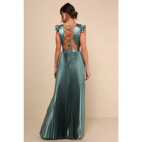 NWT Lulus Exceptional Drama Sage Green Satin Lace-Up Pleated Maxi Dress Bride M - Image 3