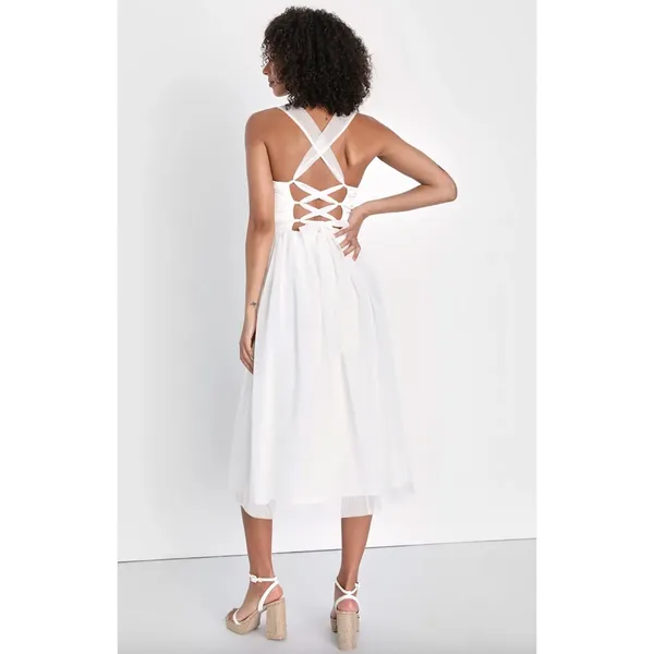 Lulus Twirling For You Ivory Lace-Up Bustier Tulle Midi Dress A Line Large NWT - Image 2