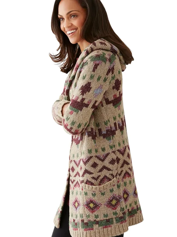J.Jill Lenox hooded cardigan sweater geometric fair isle relaxed front pockets - Image 2