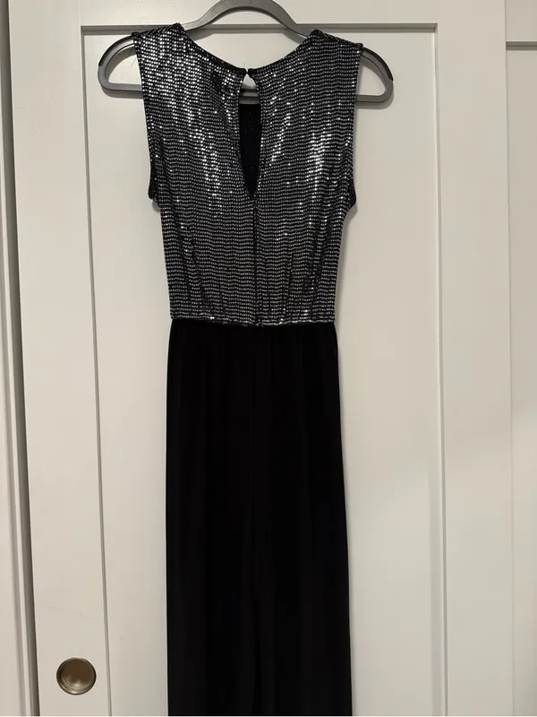 Black Sequin Bodice Evening Capri Jumpsuit with Waist Tie - Image 7