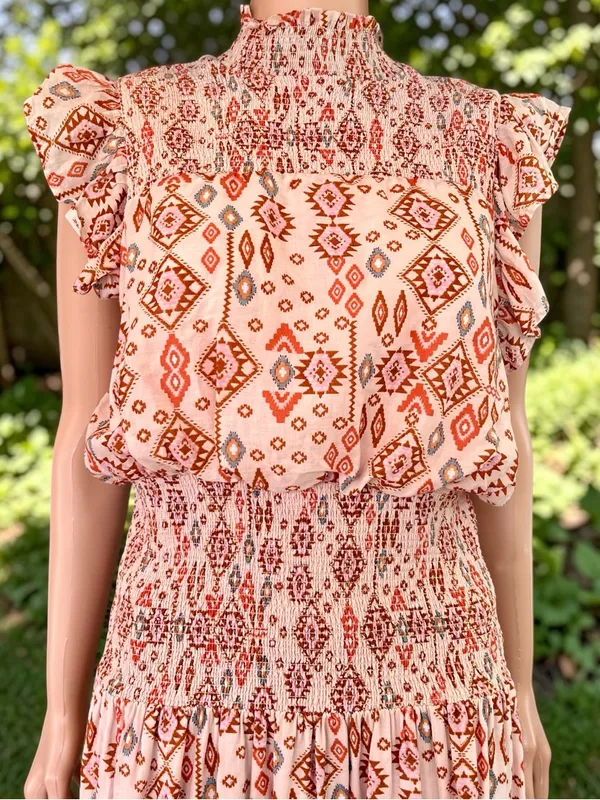 AQUA Boho Smocked Cotton Maxi Dress XL Pink Geometric Flutter Sleeve - Image 2