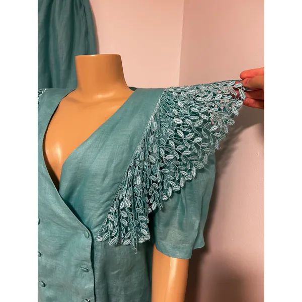 LERMAJ Vintage Teal Linen Blend Two Piece Set Lace Wrap Top Wide Leg Pants M/L - Image 5