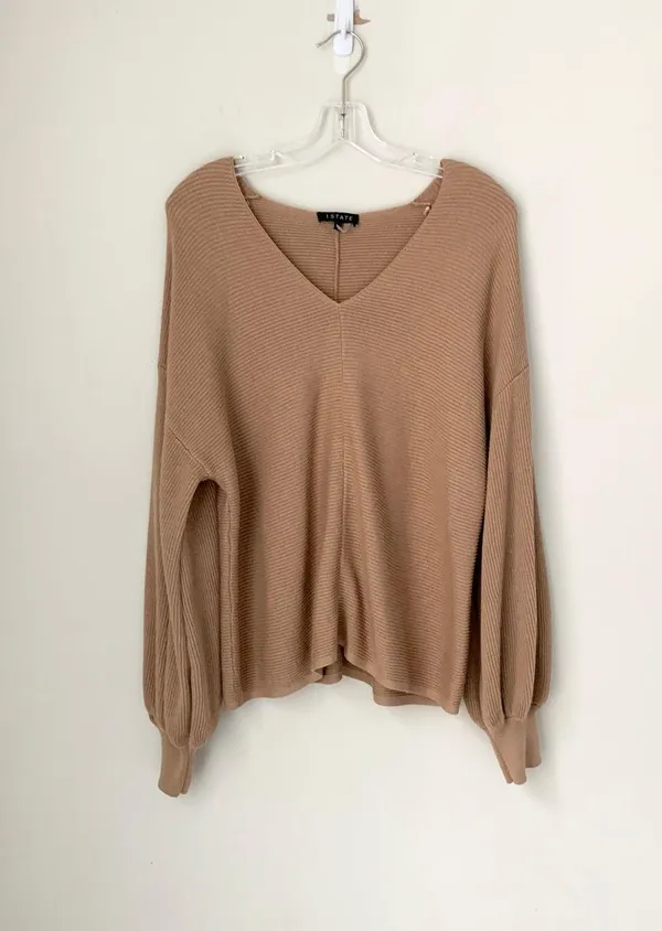 1 State Ribbed Balloon Sleeve Cotton Blend Sweater - Image 3