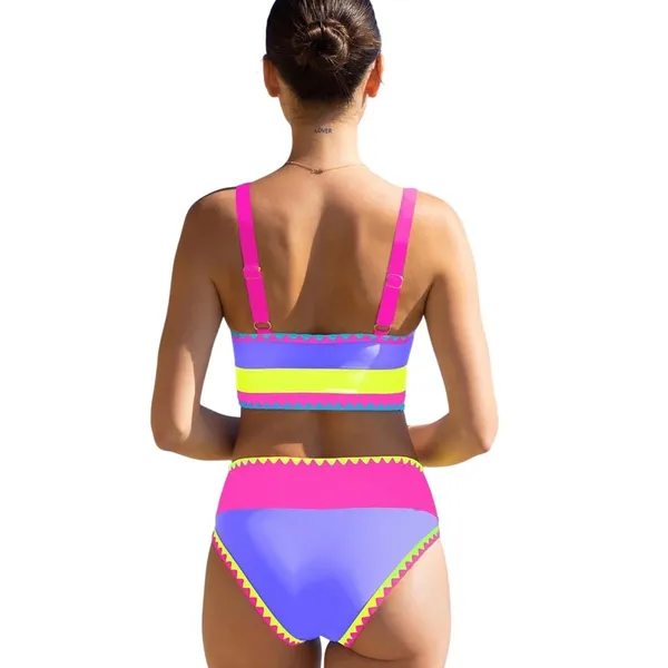 NWT Popvil 3 Piece High Waisted Bikini Set Neon Purple Pink Yellow Skirt Medium - Image 2