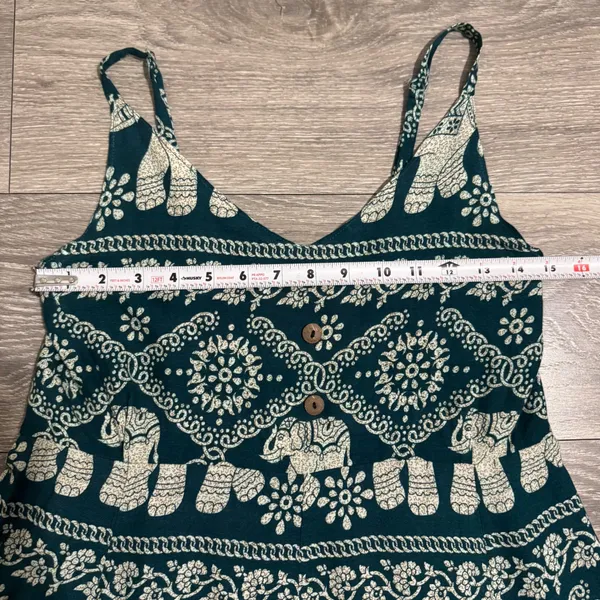 Boho Elephant Print Sundress Dress Size‎ S Teal Cream Smocked Back Mini Thailand - Image 10