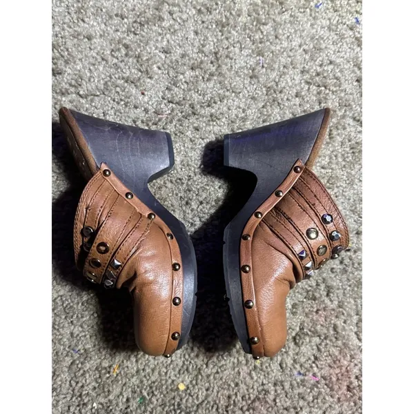 Report Tan Leather Studded Buckle Clogs Wood‎ Block Heel Mules Womens 7 - Image 7