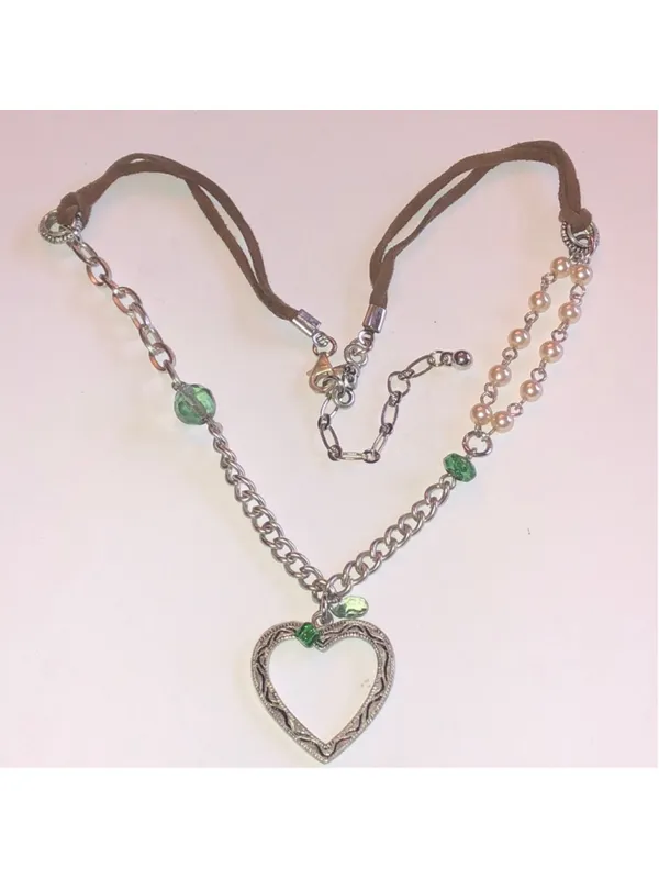 American Eagle AE Boho Brown Silver Tone Beaded Heart Pendant Necklace - Image 5