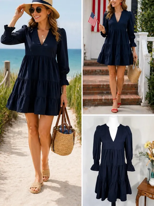 Pomander Place Kenzo Navy Cotton Poplin Tiered Dress Ruffle Sleeve~S🧡 - Image 2