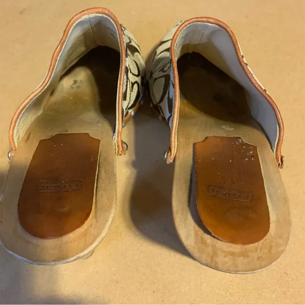Vintage Coach Brown Cloth Signature Print Clog Heel Mules "Felicity" (8) - Image 10