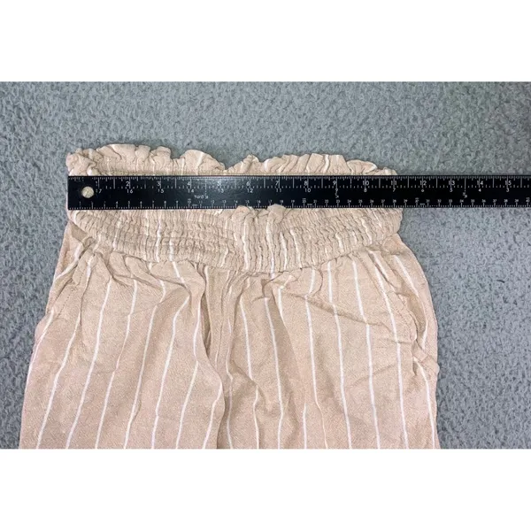 Pink Rose Wide Leg Pants Women S Tan White Striped Smocked High Rise Linen Blend - Image 3