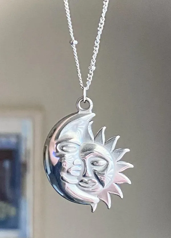 Handmade gold tone stainless steel whimsical vintage boho style sun & moon necklace🌛🌞 - Image 7