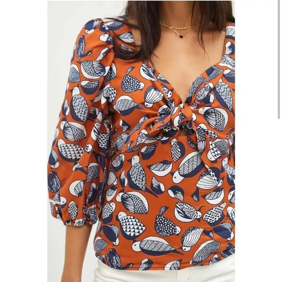 ANTHROPOLOGIE EVA FRANCO Tropical Birds‎ Blouse Sweetheart Neckline Puff Sleeve - Image 8