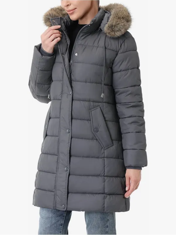 Women's Gray Quilted Long Puffer Coat with Faux-Fur Trim Hood - Image 3