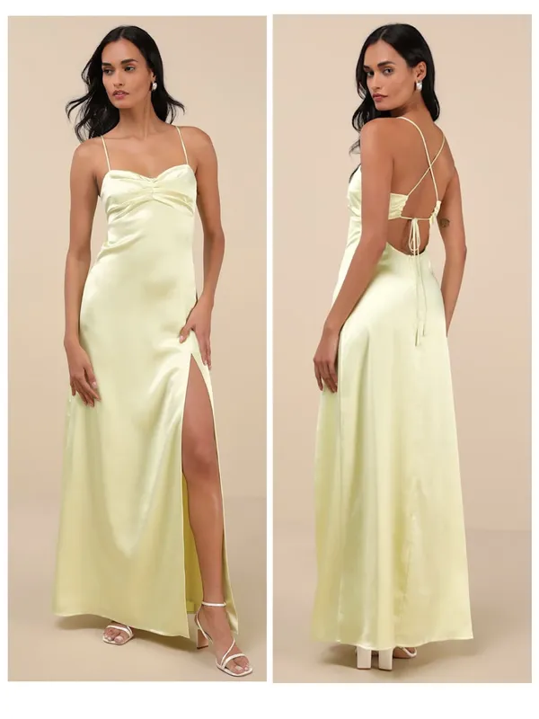 Lulus Stunning Example Light Yellow Satin Backless Maxi Dress Size small Formal - Image 2