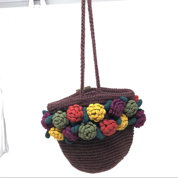 ANTHROPOLOGIE brown crochet wool bag with crochet flowers, NWT - Image 4