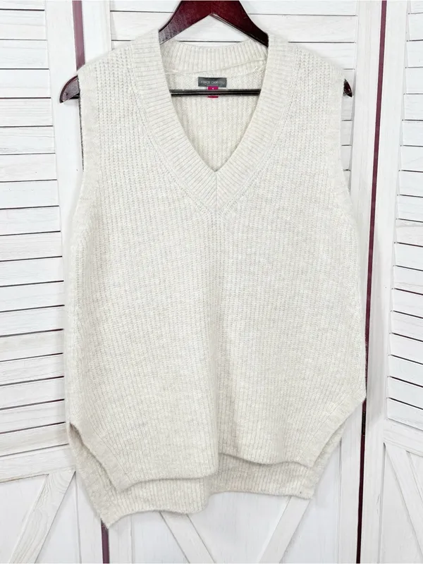 Vince Camuto Oversized V Neck Sleeveless Sweater Vest Beige Small Heritage - Image 7