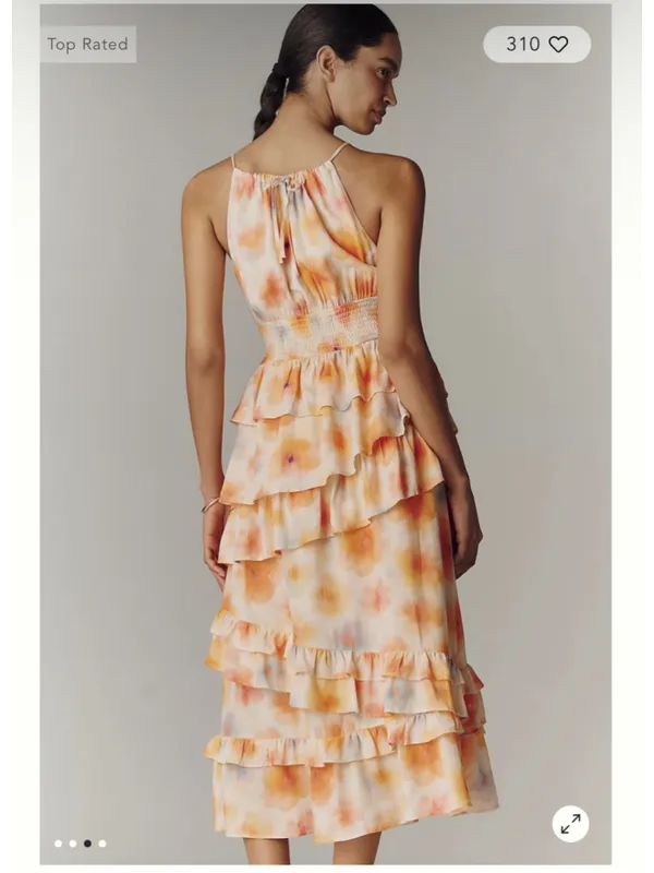 Anthropologie Midi Dress Orange Yellow Floral Tiered Ruffle - Image 2