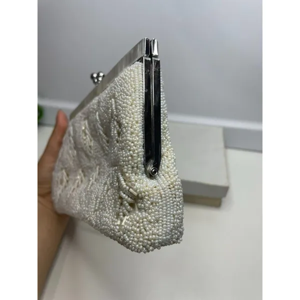 Handmade Vintage Ivory white All Beaded Top Handle Bag With Mother Of Pearl Detailing - Image 6