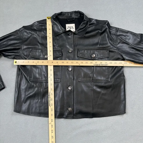 Zara Women Faux Leather Shirt Jacket S Black Shacket Button Up Moto Pockets Rock - Image 4