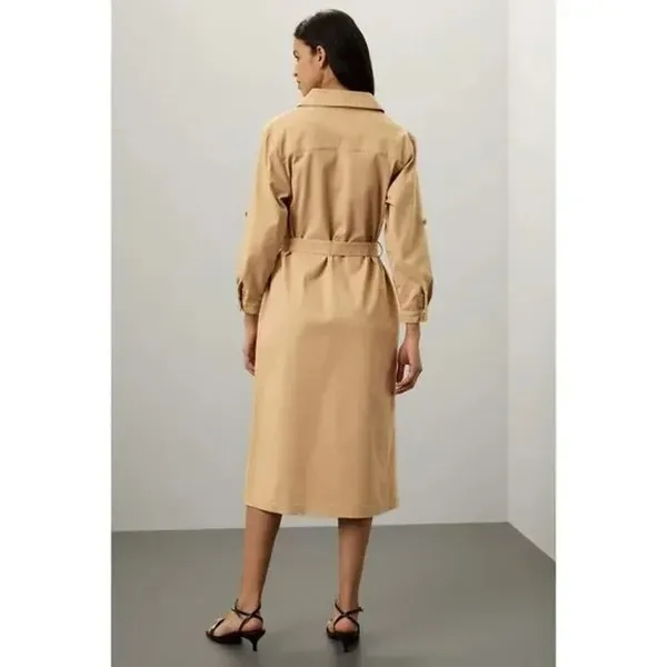 Area Stars Chic Belted Waist Midi Shirt Dress 3/4 Sleeves Button Down L Tan - Image 6