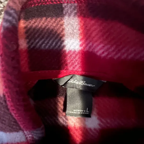 Eddie‎ Bauer Womens Red Plaid Fleece Quarter Zip Pullover Mock Neck Large - Image 2