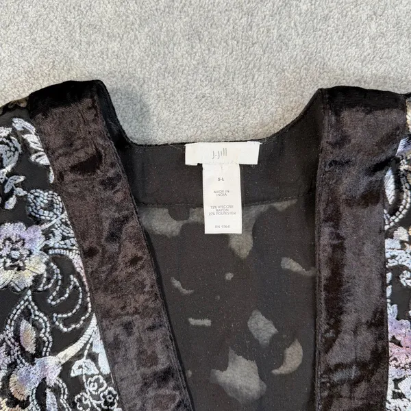 J. Jill Women's S-L Black Burnout Velvet Floral Paisley Kimono Wrap Cardigan - Image 2