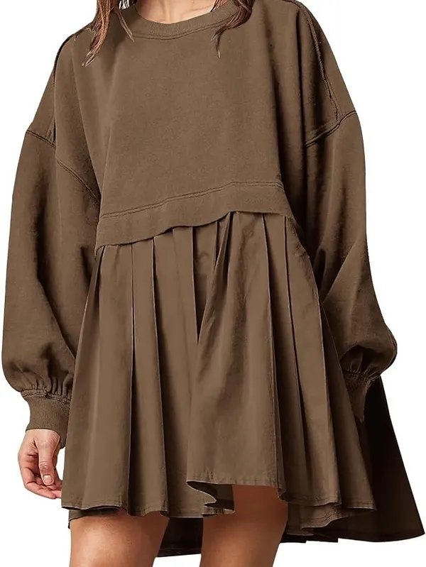Women Oversized Sweatshirt Dress Patchwork Crewneck Long Sleeve Pullover Size M - Image 3
