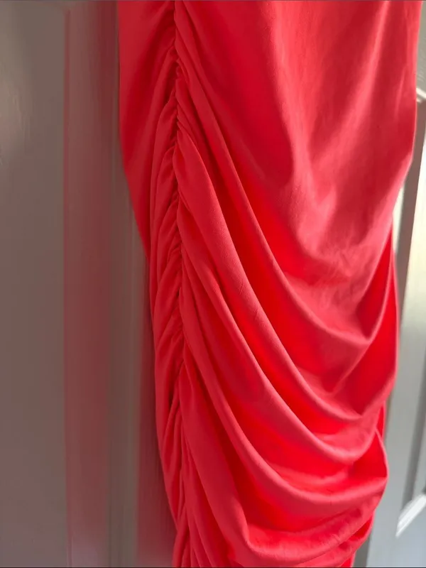Katie J NYC Neon Pink Mini Dress Ruched Bodycon Cutout Knot Front XS Adjustable - Image 4