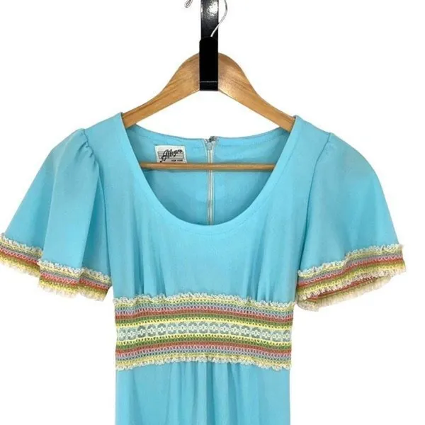 Allegro NY Vintage 70's Dress Light Sky Blue Empire Waist Maxi Crochet Detail Si - Image 4