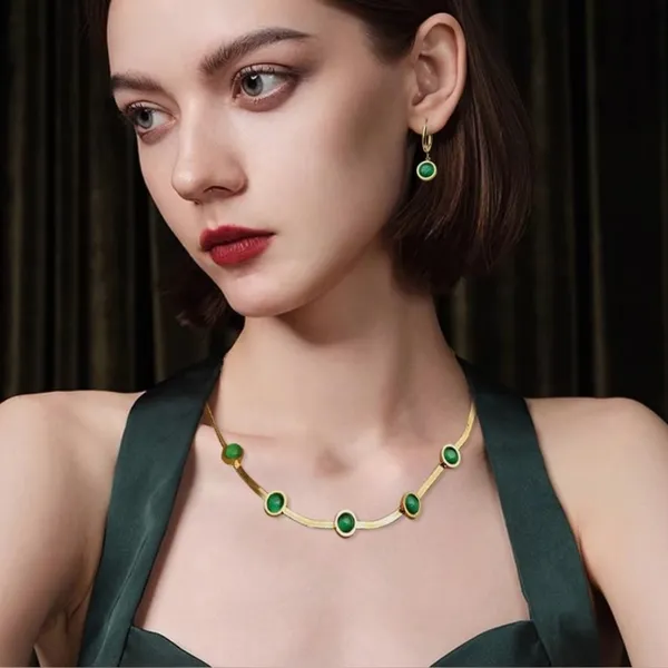 18K Gold Plated Emerald green snake Necklace SET Stainless Steel womens jewelry - Image 2