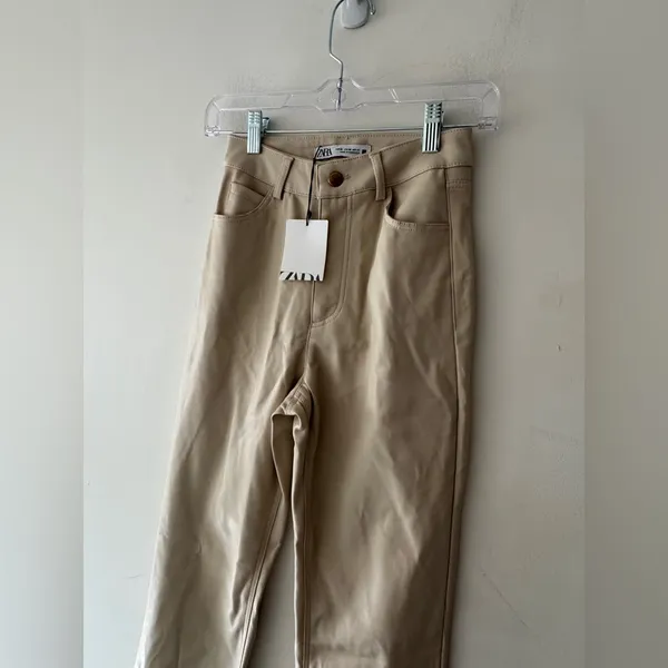 NEW!!‎ Zara Beige Khaki Faux Leather Pants Bottom Slits Fleece Lined - Image 6