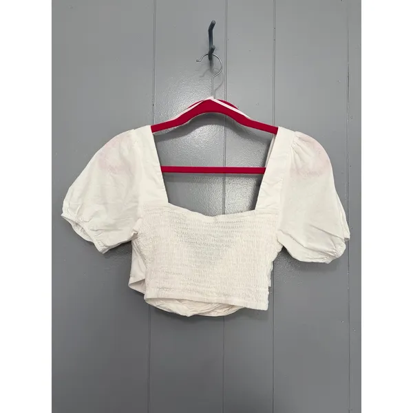 Hello Molly White Linen Cotton Puff Sleeves Criss Cross Smocked Crop Top S - Image 4