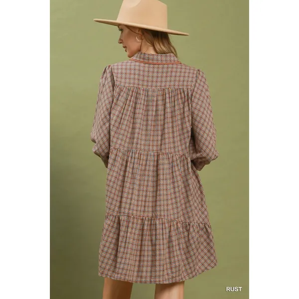Umgee Plaid Button Down Oversized Shirt Dress - Rust - Medium - Image 3