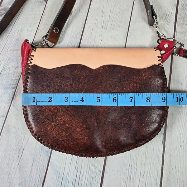 Handcrafted Tooled Leather Feather‎ Crossbody Bag Red Tan Whipstitch Boho Purse - Image 11