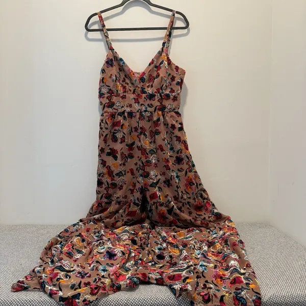 Flounced Floral Burnout Velvet Jumpsuit Size 8 - Image 4