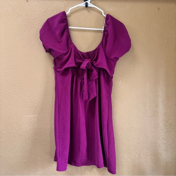 Lily Rose Womens Ruched Bust Puff Sleeve Tie Back Mini Dress Berry Purple Small - Image 3