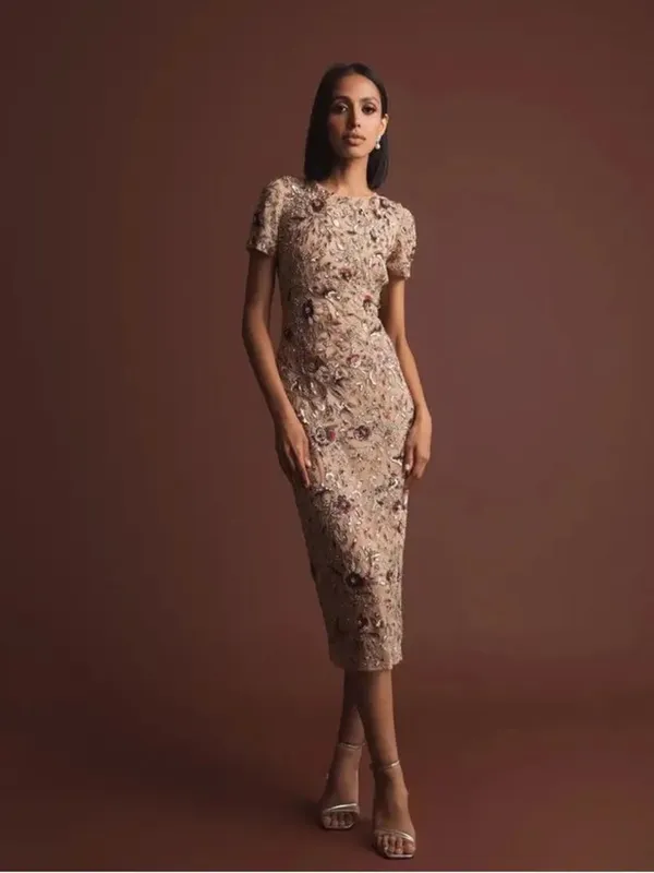 NWT MAC DUGGAL 10102 Beige Floral Embellished Short Sleeve Midi Dress Size 4 - Image 4