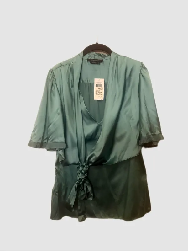 Y2K Vintage BCBGMaxazria Teal Green Silk Blouse with Oversized Sleeves - Image 2